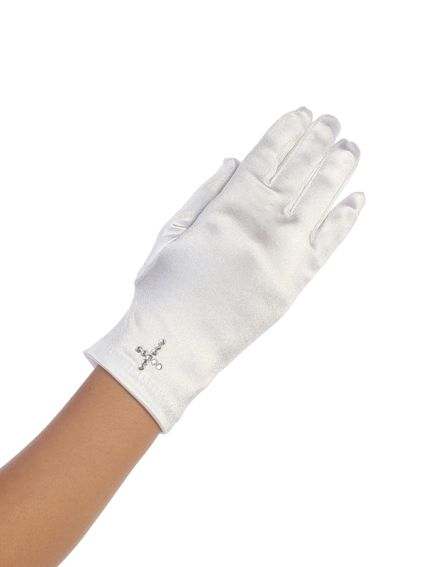 Girls White Satin Rhinestone Cross Communion Flower Girl Gloves 0-14 - SophiasStyle.com